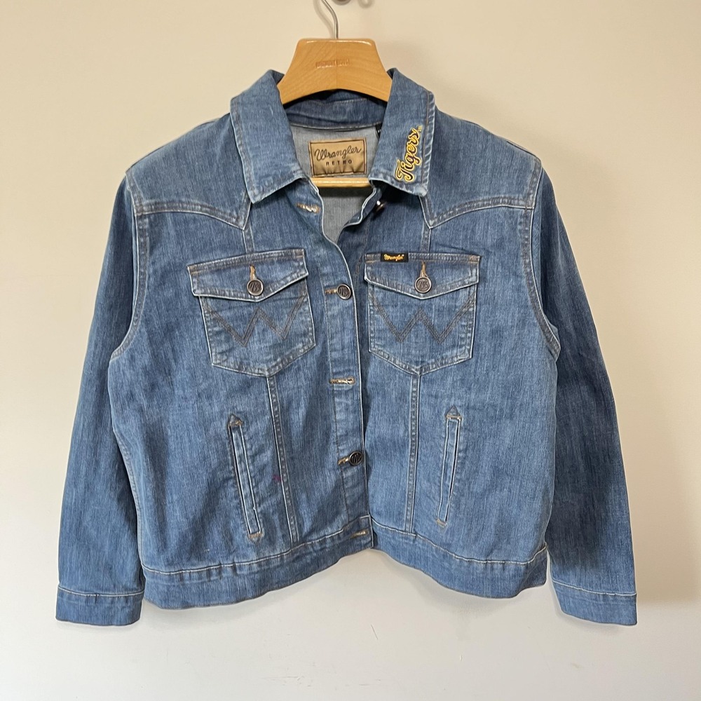 LSU Tigers Jacket Womens 2XL Blue Denim NCAA Football Wrangler Retro Embroidered